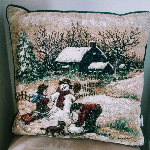 VINTAGE RIVERDALE TAPESTRY SNOWMAN WINTER SCENE THROW PILLOW BY Giordano - Picture 1 of 5